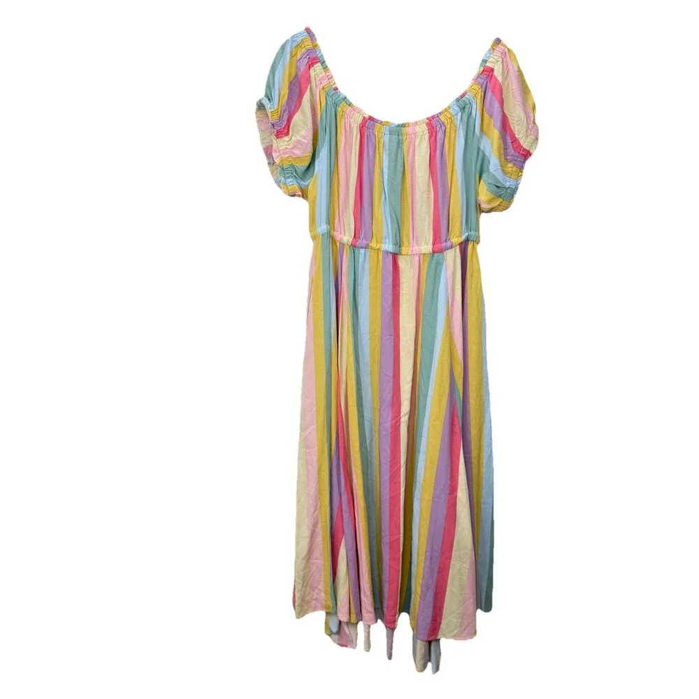 Torrid Pastel Stripes M Challis Off‎ Shoulder Midi Dress Size 2X Pockets Tassels